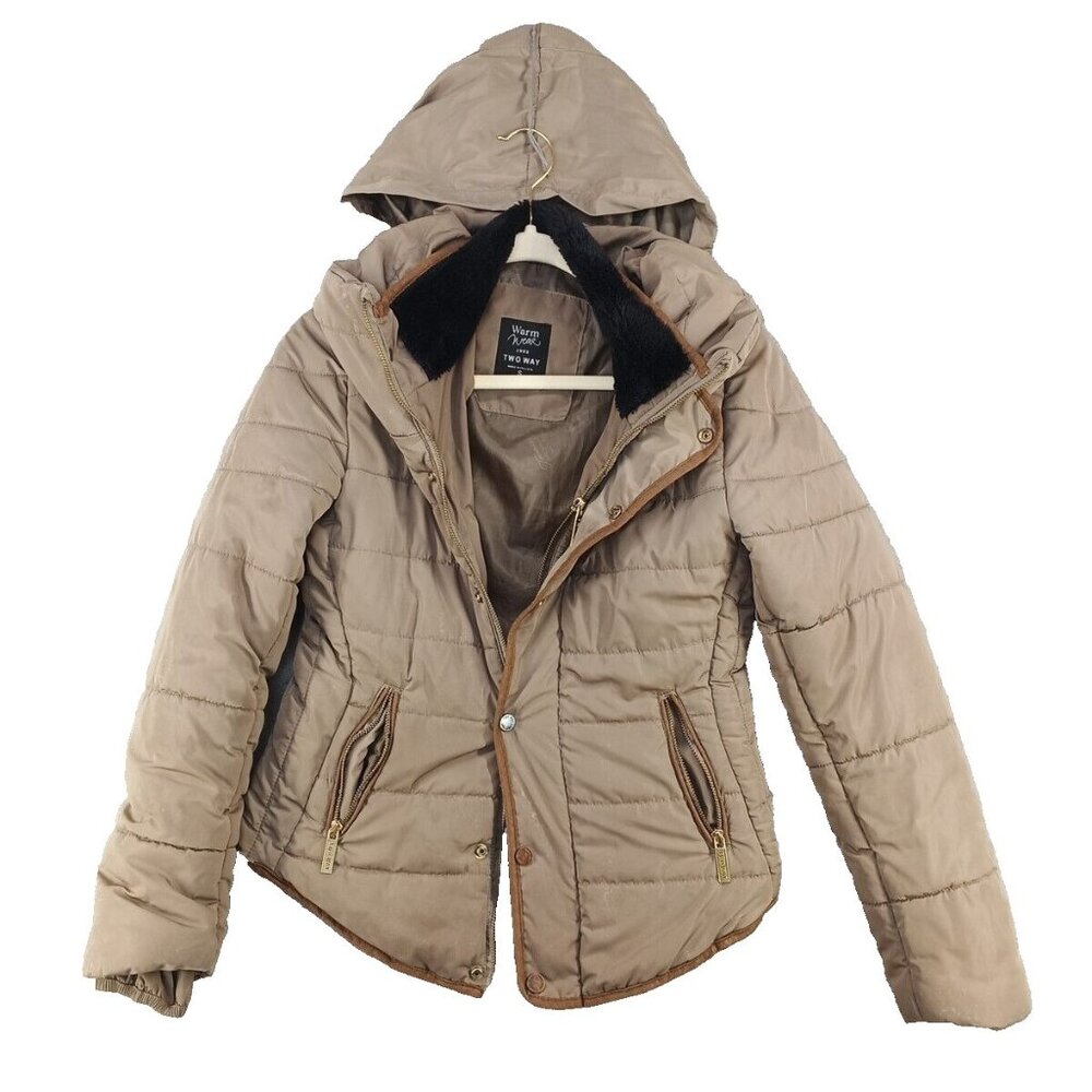 TWO WAY Puffer Jacket Full Zip Size S (4-6) Hidden Hoodie Collared Zip Pockets